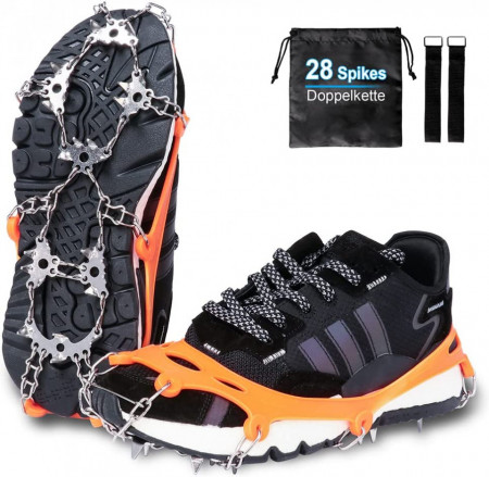 Crampoane pentru pantofi de munte cu 28 de varfuri Hobein, otel inoxidabil/silicon, portocaliu/argintiu, 45-48 - Img 1