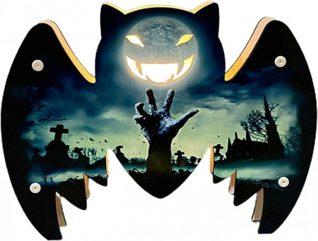 Decoratiune pentru Halloween, LED, model liliac, lemn, negru/albastru, 23,5 x 18 cm - Img 1