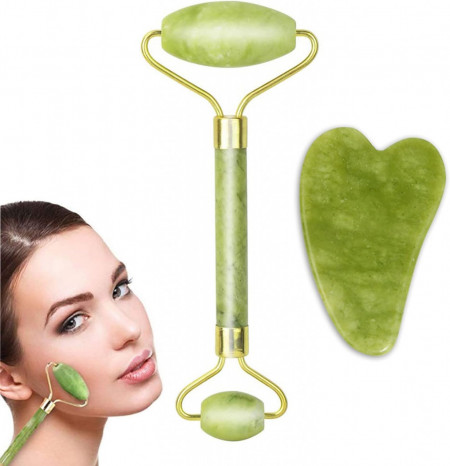 Dispozitiv de masaj facial cu doua role de jaj VIKY, verde/auriu, 14 x 5,5 cm