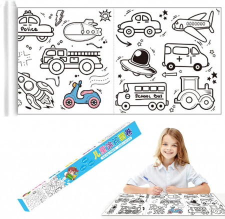 Foaie de desen pentru copii Jokily, hartie, model autovehicule, alb/negru, 89 x 29,5 cm