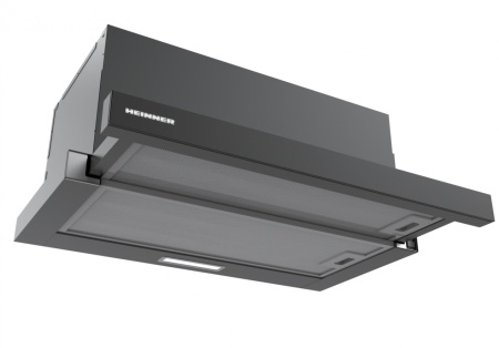 Hota telescopica Heinner HTCH-MD600GBK, 60cm, 630 m3/h, 2 trepte de viteza, motor: 1 x 215w, lumina led: 1 x 1.5w, 2 filtre aluminiu, diametru tub de evacuare: 150 mm, negru+sticla - Img 1