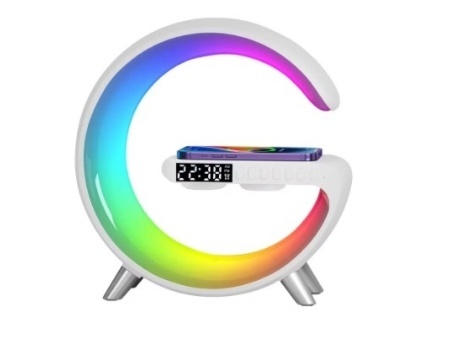 Incarcator Rapid Wireless 15W 4in1 ProOffice Tech cu Ceas, Speaker, Lampa Smart LED, Alarma Ceas cu Lumina de Trezire, Control Inteligent, Design Elegant si Compact, Compatibil Universal pentru iPhone, Samsung, Huawei, Alb – Lumini color