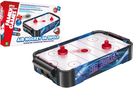 Joc electronic de societate pentru copii Air Hockey de masa, Globo, suprafata de joc alba, cu baterii, din material lemn, 2 discuri tip pucuri incluse in pachet, 2 jucatori, +3 ani