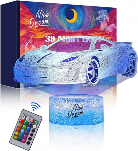 Lumina de noapte 3D pentru copii Nice Dream, LED, model masina, RGB, acril, 21,4 x 14,9 x 5,2 cm