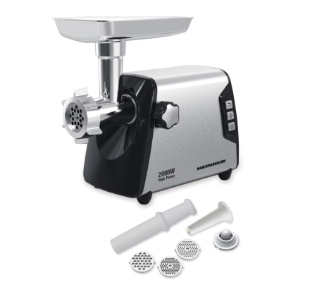 Masina de tocat Heinner HMG-Y2000SS, 2000W, angrenaj metalic si carcasa din aluminiu, capacitate tocare de 3kg/min, cutit inox, 3 site metalice, buton switch cu 2 viteze, functie reverse, carcasa inox, negru/argintiu, RESIGILAT, 1 AN GARANTIE