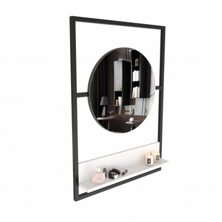 Oglinda rotunda cu rama metalica dreptunghiulara si poliat de depozitare Places of Style, lemn/sticla, alb/negru, 99, 6 x 64,6 x 6,6 cm