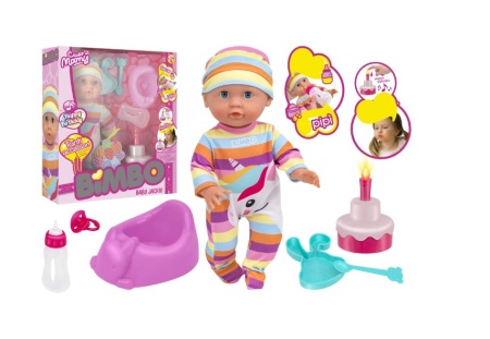 Papusa bebelus 30 cm, Globo Bimbo, cu pijama multicolora unicorn si caciulita, tort aniversar cu lumini si melodie specifica, accesorii hranire, biberon si olita incluse