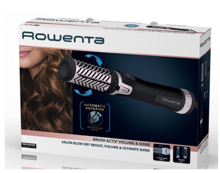 Perie rotativa Rowenta Brush Activ'Dry & Style CF9550F0, 1000 W, 3 accesorii, 3 trepte de temperatura/viteza, duza pre-uscare, invelis ceramic, generator dublu de ioni, jet de aer rece, inel pentru agatare, negru, Resigilat, Grad A