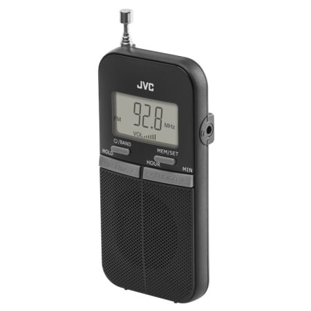 Radio de buzunar portabil JVC RA-E411B, Afisaj LCD, Tuner digital FM/AM, Negru