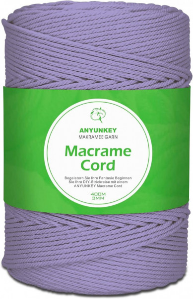 Rola de macrame pentru mestesuguri ANYUNKEY, bumbac, mov, 400m x 3 mm - Img 1