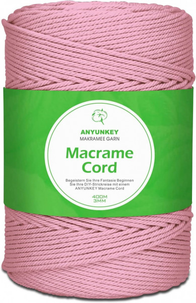 Rola de macrame pentru mestesuguri ANYUNKEY, bumbac, roz, 400m x 3 mm