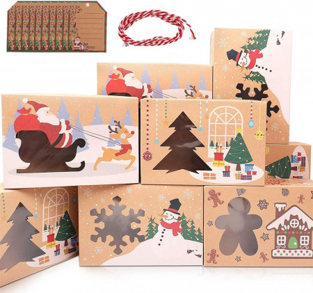 Set 12 cutii de Craciun pentru prajituri Ellxen, carton/PVC, multicolor, 22,3 x 15,4 x 7 cm