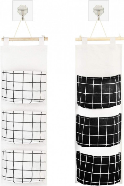 Set 2 organizatoare de perete Katoom, textil/lemn, alb/negru, 62,8 x 21, 8 cm