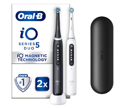 Set 2 x Periuta de dinti electrica Oral-B iO5 cu Tehnologie Magnetica si Micro-Vibratii, Inteligenta artificiala, Display conversational, Senzor de presiune Smart, 5 moduri, 2 capete, 1 incarcator, Alb/Negru, Resigilat, Grad A