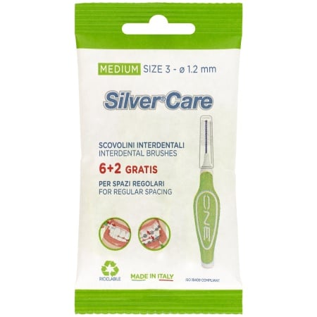 Set 8 periute interdentare Silver Care Medium Size 3-1,2 mm capac protectie culoare Verde