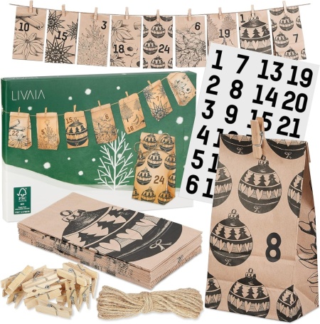 Set calendar de Advent pentru Craciun Livaia, hartie/lemn, multicolor, 50 piese