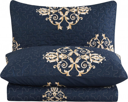 Set cuvertura de pat si 2 fete de perna VIVILINEN, poliester/bumbac, albastru inchis/alb/auriu, 170 x 210 cm - Img 1