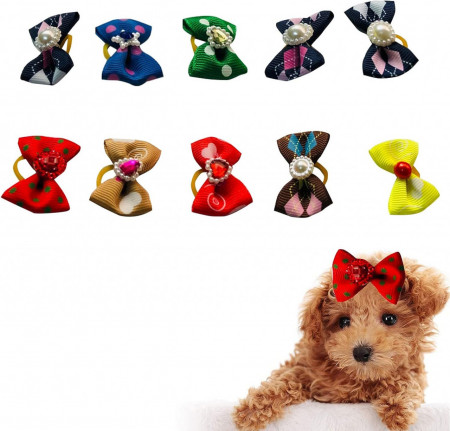 Set de 10 accesorii de par pentru animale de companie Kiuiom, cauciuc/textil, multicolor, 3-4 cm