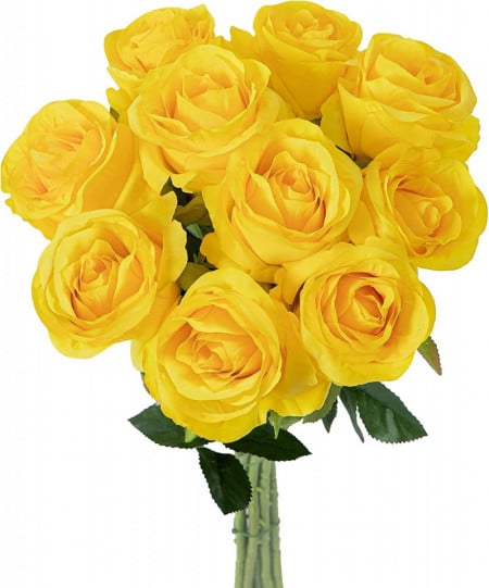 Set de 10 trandafiri artificiali Hawesome, matase/plastic, galben/verde, 54 cm