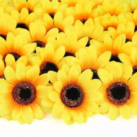 Set de 100 capete de floarea soarelui artificiale Mocoosy, matase/plastic, galben/maro, 7,5 cm