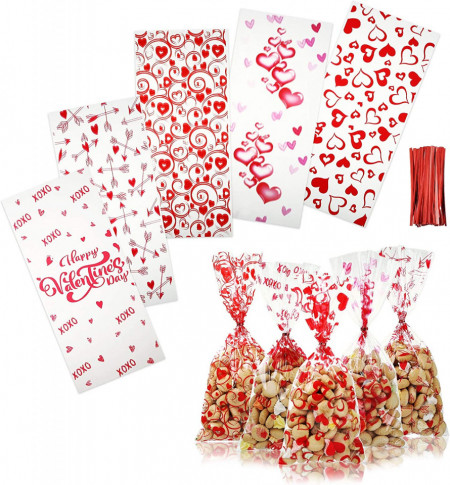 Set de 100 pungi pentru dulciuri Kesote, platic, transparent/rosu, 27,5 x 12,5 cm - Img 1