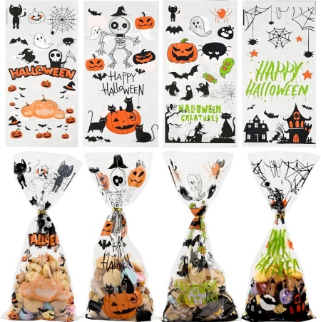 Set de 100 pungi pentru Halloween Tslbw, plastic, multicolor, 12,5 x 27,5 cm