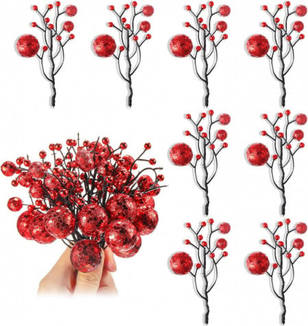 Set de 12 ramuri cu fructe de padure artificiale pentru decoratiuni Syhood, plastic/spuma, rosu/negru, 11 x 7 cm