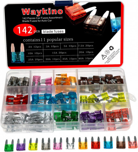 Set de 142 sigurante auto Waykino, 2A/3A/5A/7.5A/10A/15A/20A/25A/30A/35A/40A, metal/plastic, multicolor - Img 1