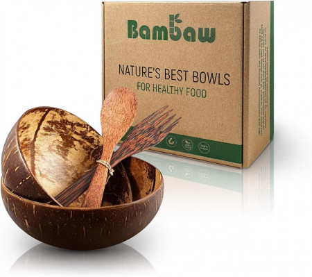Set de 2 boluri cu tacamuri Bambaw, nuca de cocos, maro, 13-15 x 6 cm