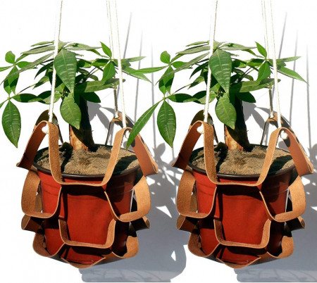 Set de 2 suporturi pentru ghivece de plante YYUNANG, piele/metal/textil, brun, 31 x 75 cm