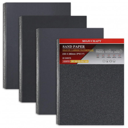 Set de 20 de coli de smirghel Mojucraft, hartie/oxid de aluminiu, gri, granulatie 280/400/600/1000, 93 x 280 mm