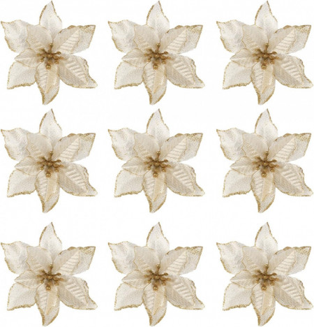 Set de 20 flori artificiale pentru Craciun Gosear, panza, crem/auriu