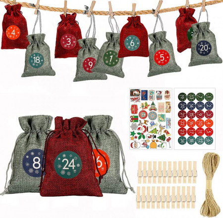 Set de 24 saculeti si 56 autocolante pentru calendarul de advent Tenwo, in/PVC, multicolor, 9 x 13 cm - Img 1