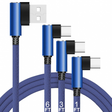 Set de 3 cabluri de Date si Incarcare Rapida Unidopro, USB la Type-C, unghi 90 grade, Compatibil iPhone 15/15 Pro, Samsung, Huawei, albastru, 30,4/90/180 cm