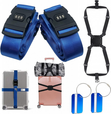 Set de 3 curele si 2 etichete pentru bagaje Nsvepon, plastic/poliester, albastru/negru