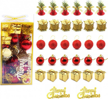 Set de 32 ornamente pentru brad TAKUZA, plastic, auriu/rosu/verde