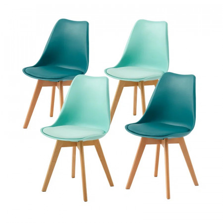 Set de 4 scaune tapitate Nero, piele PU/plastic/lemn masiv, turcoaz/albastru/natur, 82 x 52x 47,5 cm