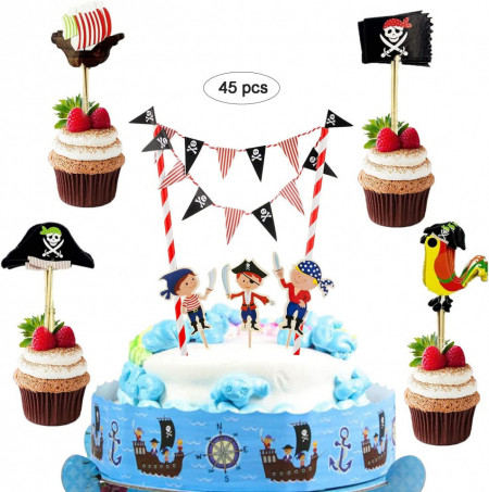 Set de 45 piese pentru decorare tort/prajituri JAHEMU, tematica pirati, multicolor