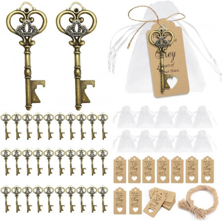 Set de 50 deschizatoare de sticle cu eticheta si saculet pentru cadou Punvot, metal/hartie/ organza, bronz/alb/bej