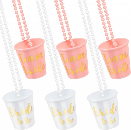 Set de 6 pahare cu coliere pentru nunta Bakiauli, plastic, alb/roz/auriu, 5,1 x 5,7 cm