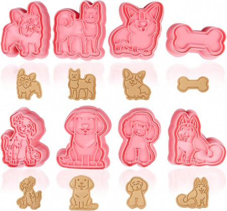 Set de 8 forme pentru biscuiti Yisscen, tematica animale, plastic, roz, 5-7 cm