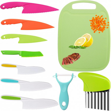 Set de cutite si accesorii de bucatarie pentru copii Jeffouoo, lemn/plastic/otel inoxidabil, multicolor, 11 piese