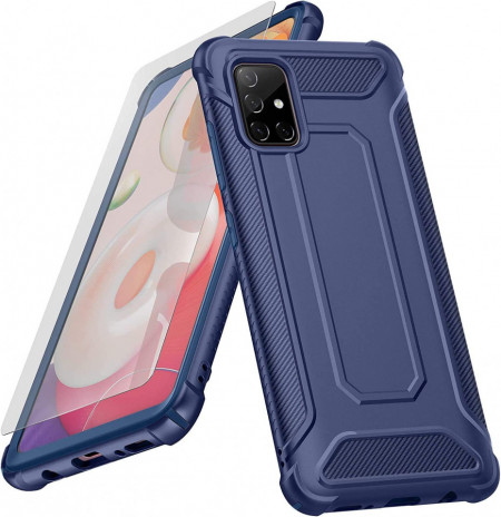 Set de husa cu doua folii de protectie ecran pentru Galaxy A51 ORETECH, sticla securizata/policarbonat termoplastic, albastru inchis/transparent, 6,5 inchi