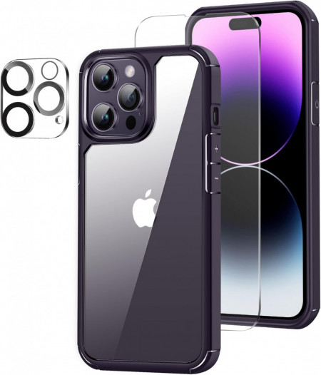 Set de husa de protectie si folie pentru iPhone 14 Pro Max Amizee, TPU/sticla, transparent/negru, 6.7 inchi