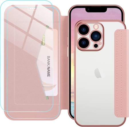 Set de husa si 2 folii de protectie ecran pentru iPhone 13 Pro Petocase, piele PU/sticla securizata, rose gold, 6,1 inchi