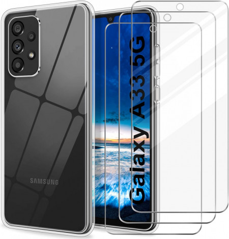Set de husa si 3 folii de protectie pentru Samsung Galaxy A33 5G YNMEacc, silicon/sticla securizata, transparent