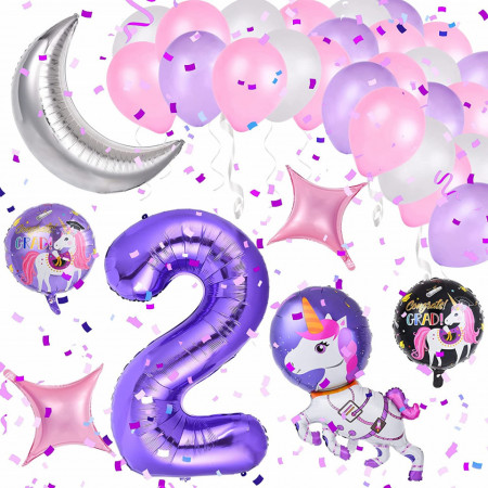 Set de petrecere pentru 2 ani Colmanda, latex/folie, model unicorn, multicolor, 32 piese
