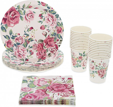 Set de vesela pentru petrecere Blue Panda, hartie, model floral, multicolor, 72 piese