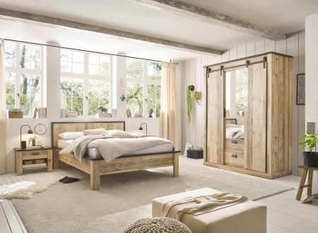 Set dormitor Sherwood, 4 piese, 180x200 cm, PAL melaminat, dulap cu uși glisante, 2 noptiere, stil rustic modern