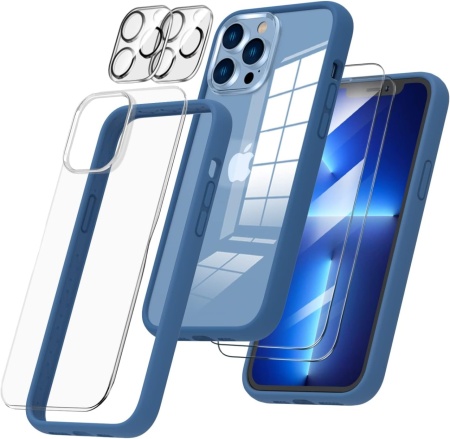 Set husa, 2 folii pentru camera, 1 folie spate si 2 pentru ecran compatibile cu iPhone 13 Pro Max Ornarto, silicon/sticla securizata, albastru inchis/transparent, 6,7 inchi
